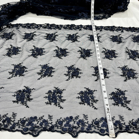 Beaded Double Sided 3D Floral Lace Trimming Polyester Fabric - 3D Floral Embroidered Net Mesh, 21" Width (1 Yard)
