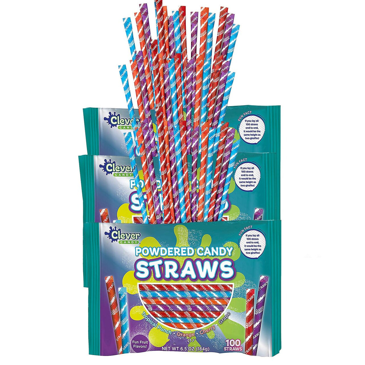 Clever Candy Powdered Fruit Flavor Candy Straws – 100 Count, 6.5 oz