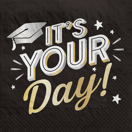 6 1/2" Black Congrats Grad Disposable Paper Luncheon Napkins - 16 Ct.