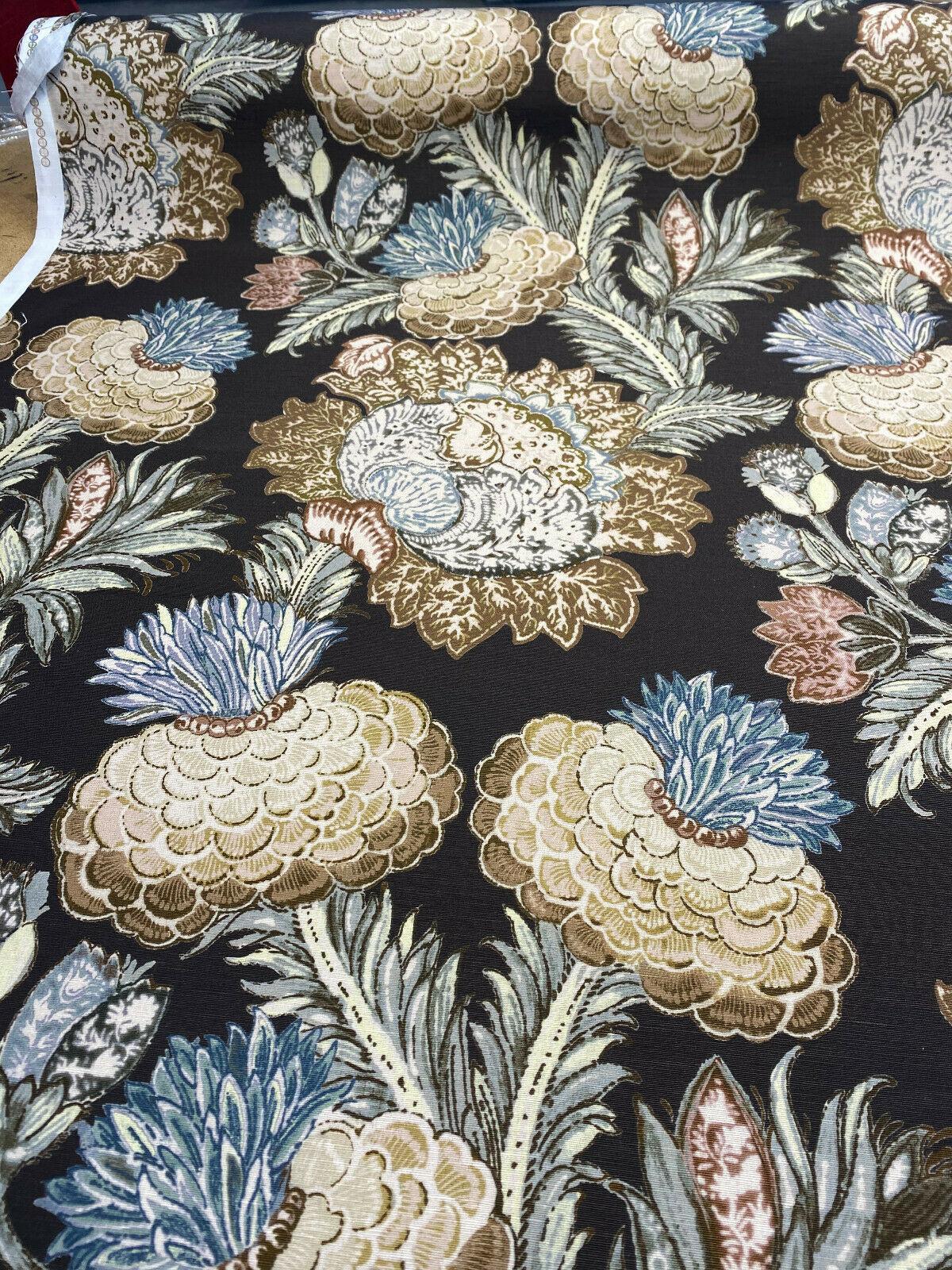 Pkl Studio Balinese Garden Floral Caviar Brown Linen Cotton Fabric - Floral Print, Brown/Beige/Taupe, 25.25" Vertical Repeat, 27" Horizontal Repeat (1 Yard)