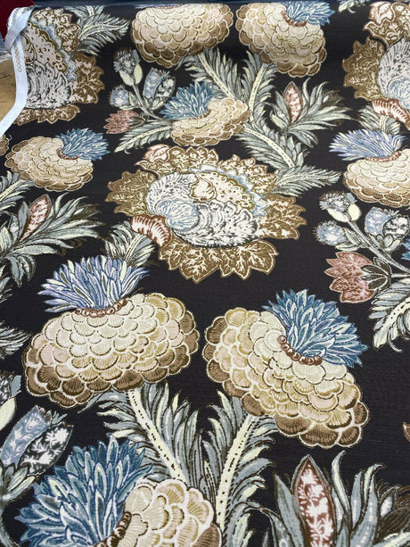 Pkl Studio Balinese Garden Floral Caviar Brown Linen Cotton Fabric - Floral Print, Brown/Beige/Taupe, 25.25" Vertical Repeat, 27" Horizontal Repeat (1 Yard)
