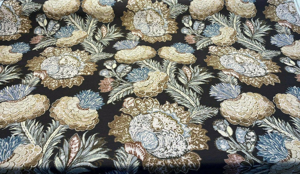 Pkl Studio Balinese Garden Floral Caviar Brown Linen Cotton Fabric - Floral Print, Brown/Beige/Taupe, 25.25" Vertical Repeat, 27" Horizontal Repeat (1 Yard)
