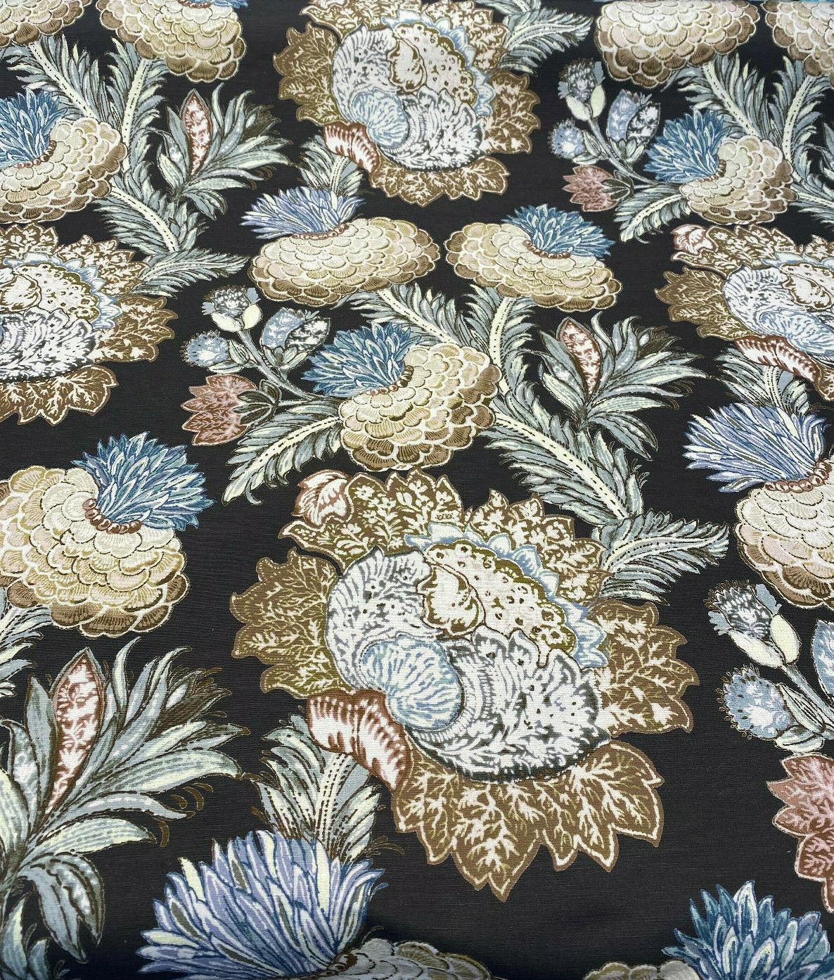 Pkl Studio Balinese Garden Floral Caviar Brown Linen Cotton Fabric - Floral Print, Brown/Beige/Taupe, 25.25" Vertical Repeat, 27" Horizontal Repeat (1 Yard)