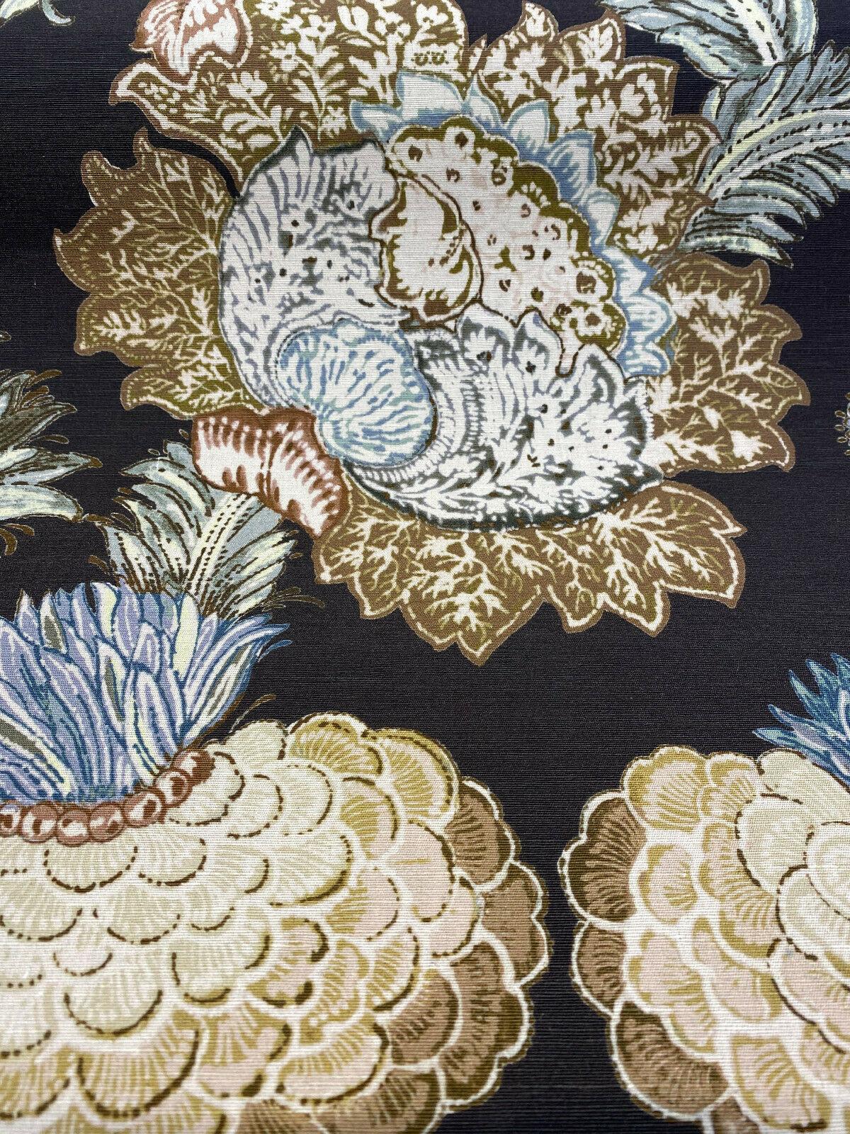 Pkl Studio Balinese Garden Floral Caviar Brown Linen Cotton Fabric - Floral Print, Brown/Beige/Taupe, 25.25" Vertical Repeat, 27" Horizontal Repeat (1 Yard)