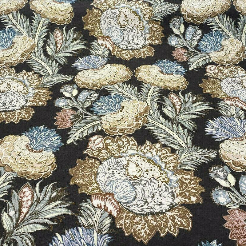 Pkl Studio Balinese Garden Floral Caviar Brown Linen Cotton Fabric - Floral Print, Brown/Beige/Taupe, 25.25" Vertical Repeat, 27" Horizontal Repeat (1 Yard)