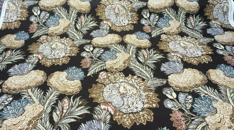 Pkl Studio Balinese Garden Floral Caviar Brown Linen Cotton Fabric - Floral Print, Brown/Beige/Taupe, 25.25" Vertical Repeat, 27" Horizontal Repeat (1 Yard)
