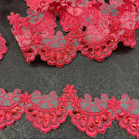 1 Yard Beaded & Corded Embroidered Lace Trim 2.5" Wide 100% Polyester Net Mesh for Special Occasion Dresses