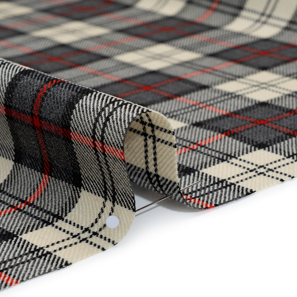 Virgin Wool Twill Made in Italy - Cream, Charcoal and Red Plaid