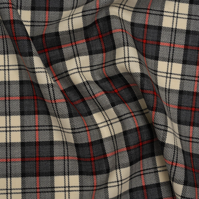 Virgin Wool Twill Made in Italy - Cream, Charcoal and Red Plaid