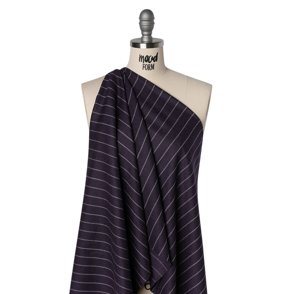 Stretch Virgin Wool Twill Suiting Made in Italy - Plum Purple and White Chalk Stripes