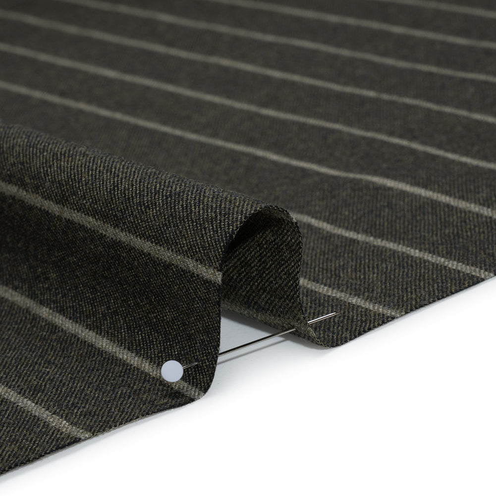 Stretch Virgin Wool Twill Suiting Made in Italy - Dark Green and White Chalk Stripes