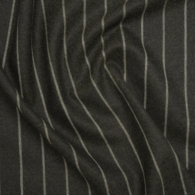 Stretch Virgin Wool Twill Suiting Made in Italy - Dark Green and White Chalk Stripes