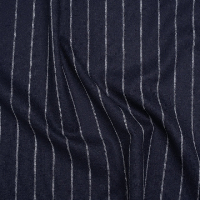 Stretch Virgin Wool Twill Suiting Made in Italy - Navy Blue and White Chalk Stripes