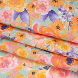 Lightweight Linen Woven Print - Light Sage, Purple and Orange Watercolor Florals