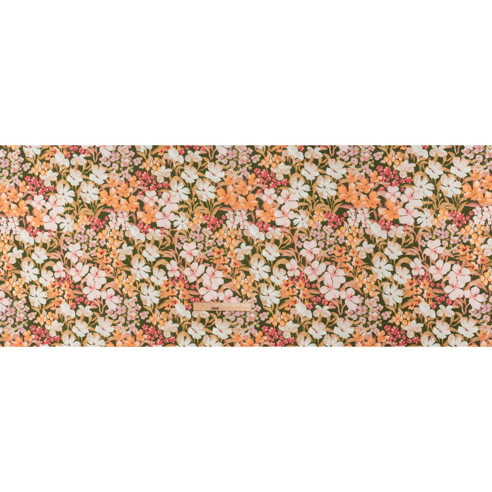 Medium Weight Linen Woven Print - Dark Sage, Pink and Creamsicle Floral