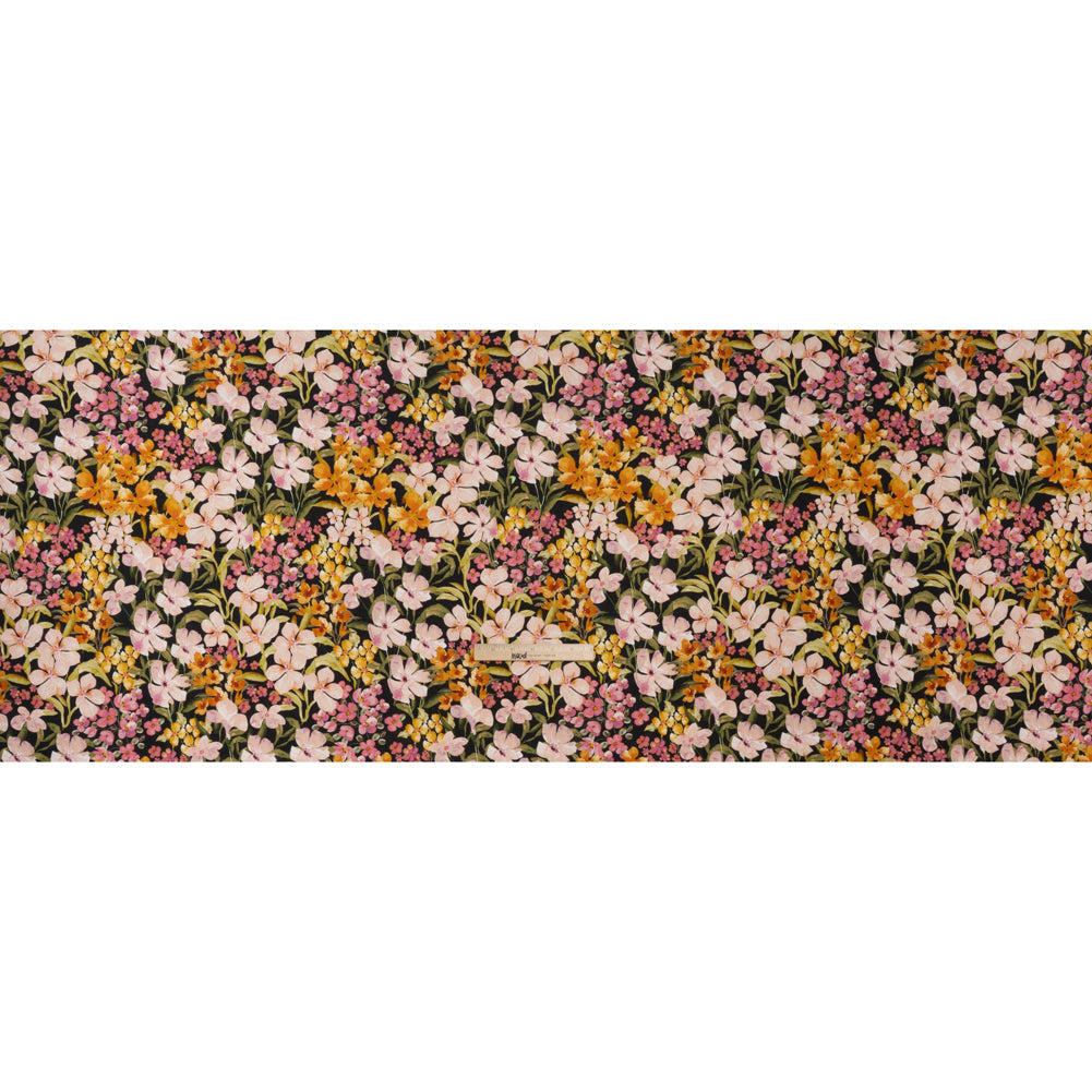 Medium Weight Linen Woven Print - Midnight, Pink and Tiger Lily Orange Floral