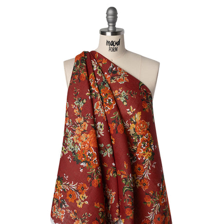 Medium Weight Linen Woven Print - Wine Red, Green and Dark Orange Floral