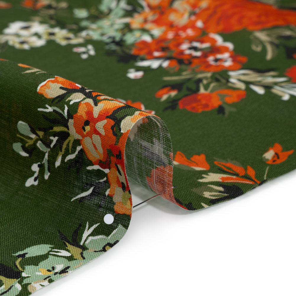 Medium Weight Linen Woven Print - Forest Green, Dark Orange and Mint Floral