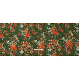 Medium Weight Linen Woven Print - Forest Green, Dark Orange and Mint Floral
