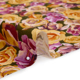 Medium Weight Linen Woven Print - Mustard Yellow, Magenta Pink and Dark Olive Green Roses