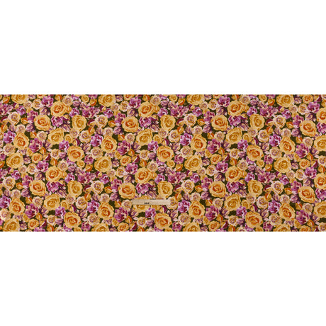 Medium Weight Linen Woven Print - Mustard Yellow, Magenta Pink and Dark Olive Green Roses