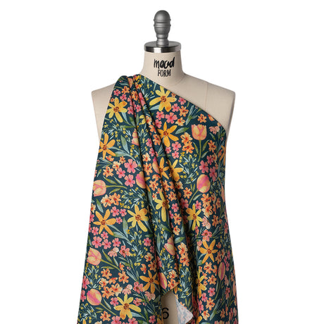 Medium Weight Linen Woven Print - Dark Teal, Orange and Pink Tulip Garden