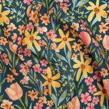 Medium Weight Linen Woven Print - Dark Teal, Orange and Pink Tulip Garden