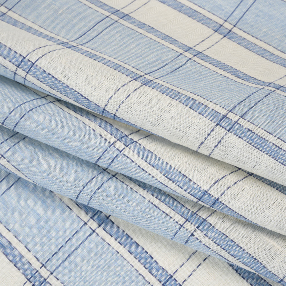 Lightweight Linen Dobby - Light Blue and Cream Plaid with Basketweave Details
