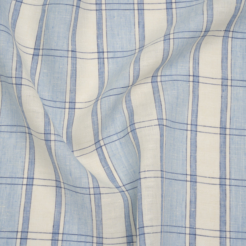 Lightweight Linen Dobby - Light Blue and Cream Plaid with Basketweave Details