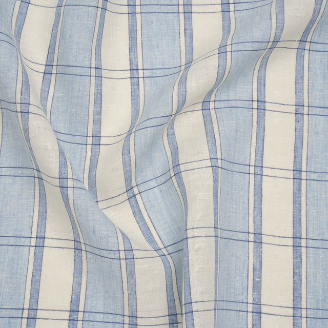 Lightweight Linen Dobby - Light Blue and Cream Plaid with Basketweave Details