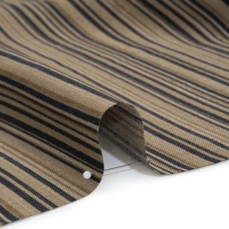 Medium Weight Linen Woven Print - Black, Olive Green and Beige Barcode Stripes