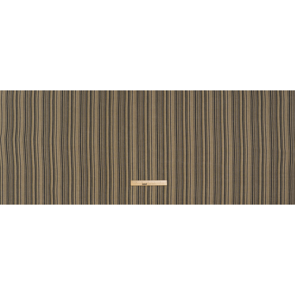 Medium Weight Linen Woven Print - Black, Olive Green and Beige Barcode Stripes
