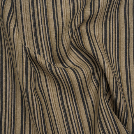Medium Weight Linen Woven Print - Black, Olive Green and Beige Barcode Stripes