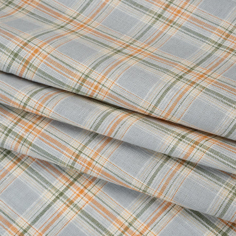 Medium Weight Linen Woven - Sky Blue, Sage Green and Orange Plaid