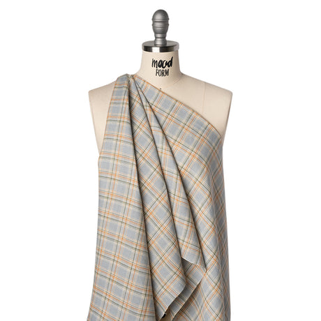 Medium Weight Linen Woven - Sky Blue, Sage Green and Orange Plaid