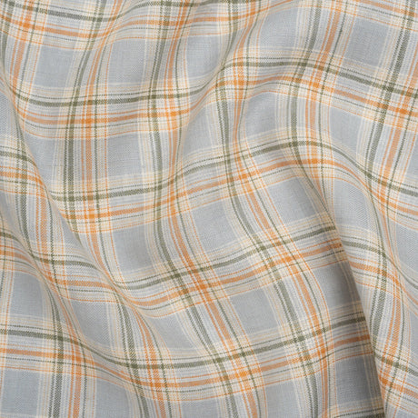 Medium Weight Linen Woven - Sky Blue, Sage Green and Orange Plaid