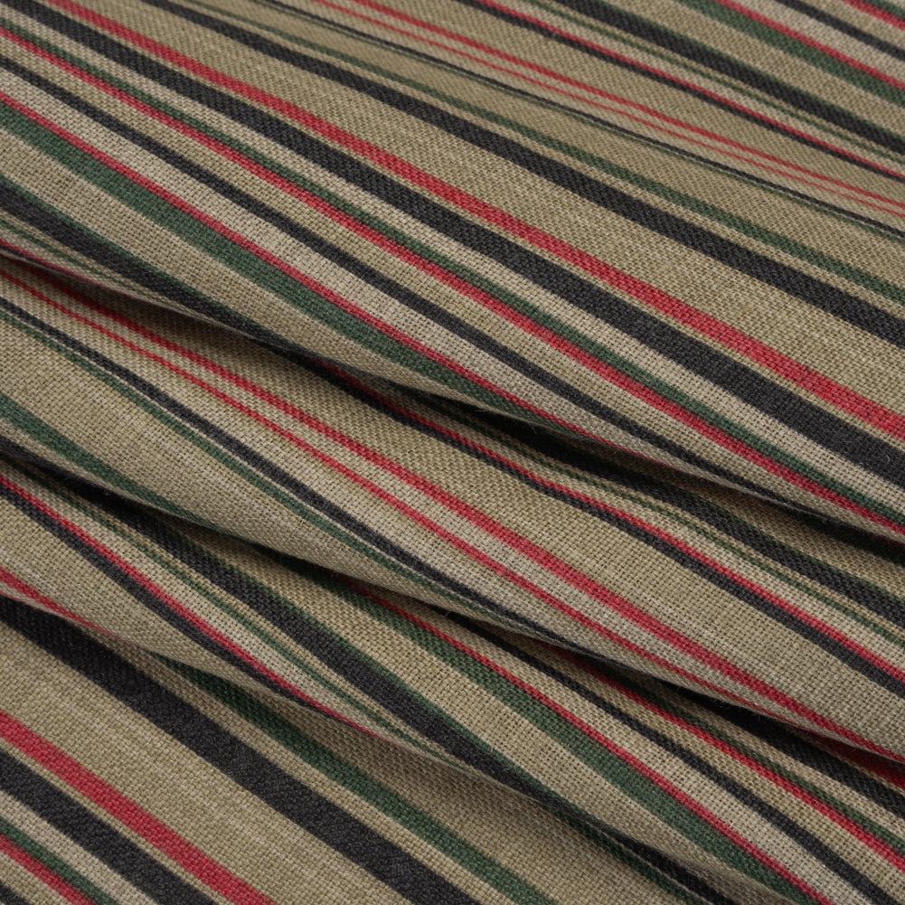 Medium Weight Linen Woven Print - Red, Green and Black Barcode Stripes on Oatmeal
