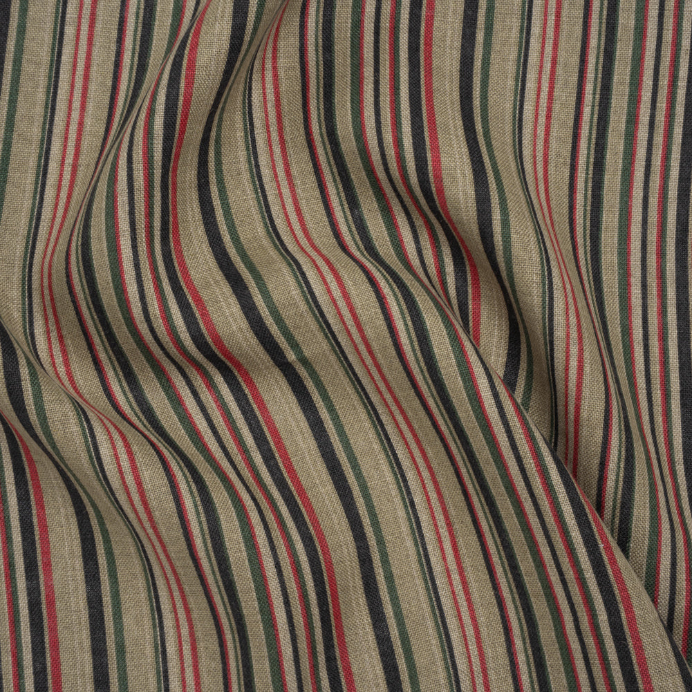 Medium Weight Linen Woven Print - Red, Green and Black Barcode Stripes on Oatmeal