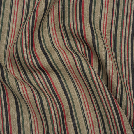 Medium Weight Linen Woven Print - Red, Green and Black Barcode Stripes on Oatmeal
