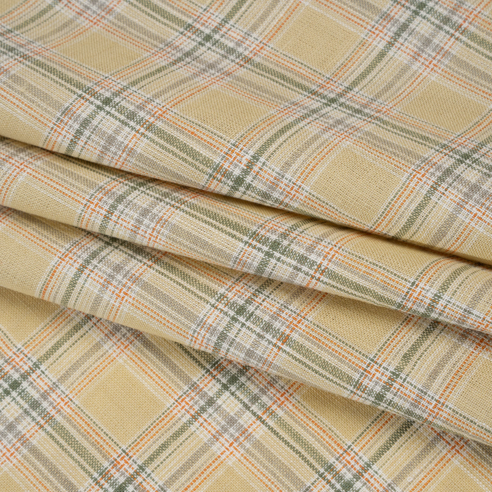 Lightweight Linen Woven - Yellow Beige, Basil Green and Orange Plaid