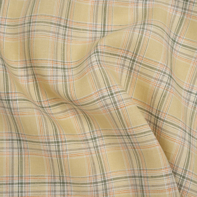 Lightweight Linen Woven - Yellow Beige, Basil Green and Orange Plaid
