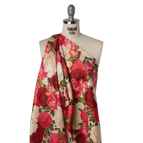 Silk Twill Print - Pink, Red and Ivory Roses - Famous Australian Designer Deadstock
