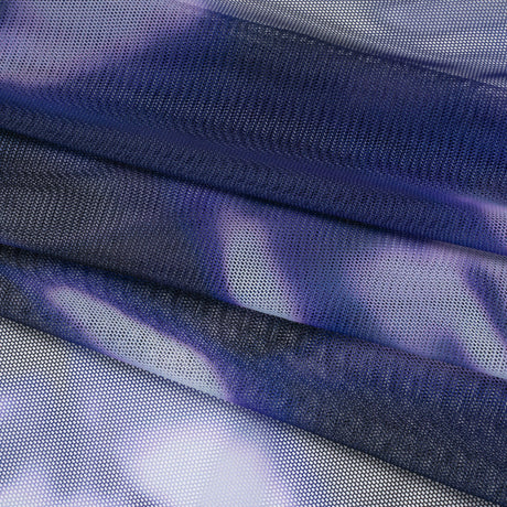 Stretch Polyester Mesh Print - Pale Purple, Ultramarine Blue and Black Abstract Tie Dye - Designer Deadstock