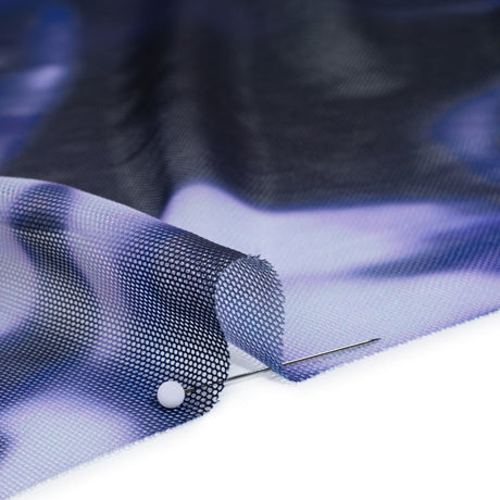 Stretch Polyester Mesh Print - Pale Purple, Ultramarine Blue and Black Abstract Tie Dye - Designer Deadstock