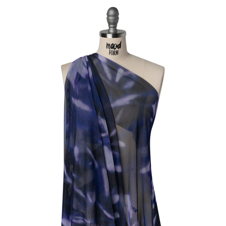 Stretch Polyester Mesh Print - Pale Purple, Ultramarine Blue and Black Abstract Tie Dye - Designer Deadstock