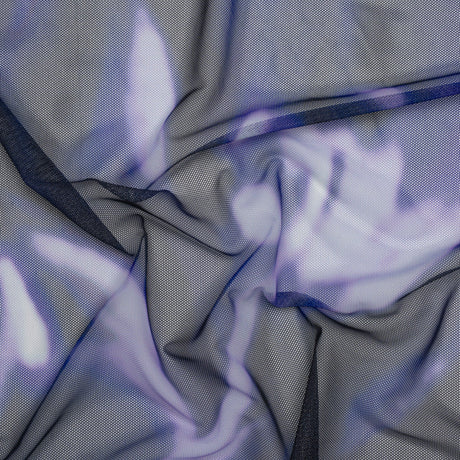 Stretch Polyester Mesh Print - Pale Purple, Ultramarine Blue and Black Abstract Tie Dye - Designer Deadstock