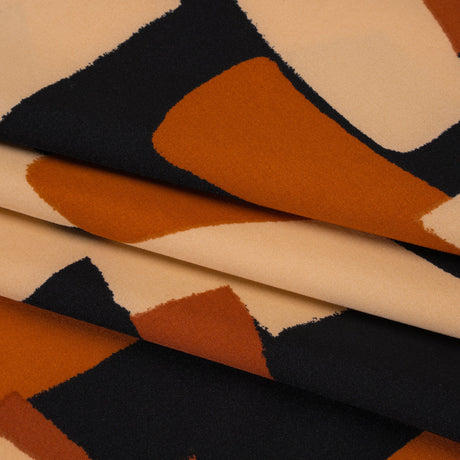 Stretch Polyester Crepe de Chine Print - Beige, Burnt Orange and Black Abstract - Designer Deadstock