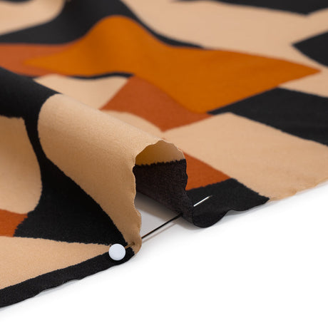 Stretch Polyester Crepe de Chine Print - Beige, Burnt Orange and Black Abstract - Designer Deadstock
