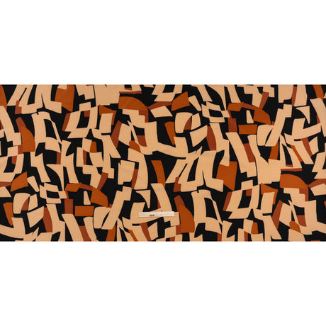 Stretch Polyester Crepe de Chine Print - Beige, Burnt Orange and Black Abstract - Designer Deadstock