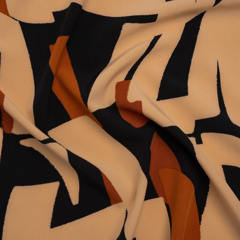 Stretch Polyester Crepe de Chine Print - Beige, Burnt Orange and Black Abstract - Designer Deadstock